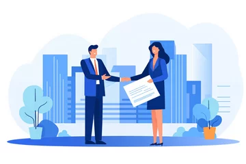 Foto op Plexiglas A 2D flat simplistic vector modern style illustration of business people signing agreement contract agreeing terms of project or employment work together office environment city workplace awarded job © James