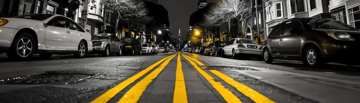A black and white photo of the street in San Francisco with yellow lines on it, cars parked along both sides of the road, night scene, high contrast, symmetrical composition, wideangle lens, street li