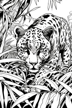 A black and white drawing of a leopard prowling through the jungle, showcasing its sleek fur and sharp features amidst lush foliage