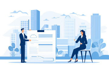 Business graphic vector modern style illustration of business people signing agreement contract agreeing terms of project or employment work together office environment city workplace awarded job