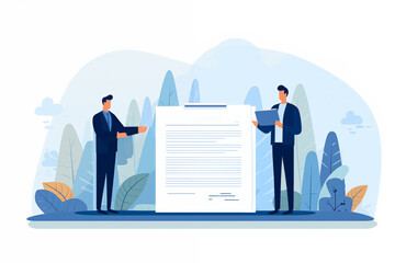 Business graphic vector modern style illustration of business people signing agreement contract agreeing terms of project or employment work together office environment city workplace awarded job - obrazy, fototapety, plakaty