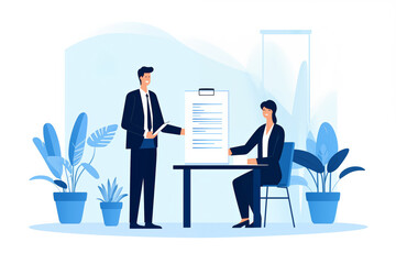 Business graphic vector modern style illustration of business people signing agreement contract agreeing terms of project or employment work together office environment city workplace awarded job - obrazy, fototapety, plakaty