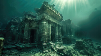 An underwater view of a building lying at the bottom of the ocean, surrounded by marine life and coral reefs