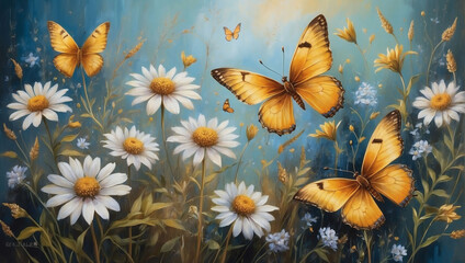 Ethereal wildflowers and golden butterflies depicted in oil paint.