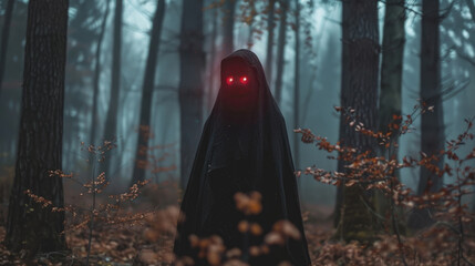 A mysterious hooded figure with glowing red eyes stands amidst the shadows in a dense, eerie forest