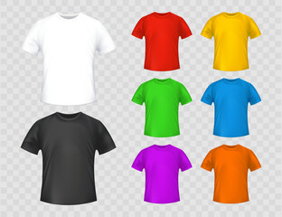 Mockups collection of white, black and colored tshirts. Isolated on transparent background. Vector template.