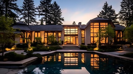 Modern Luxury Home Exterior with swimming pool. Panoramic Image