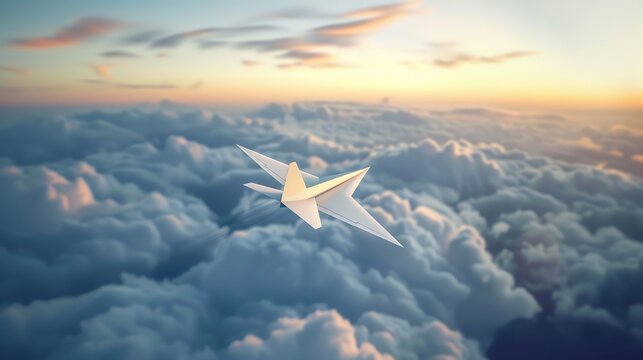 A paper plane is flying in the sky above the clouds. The sun is setting in the background.

