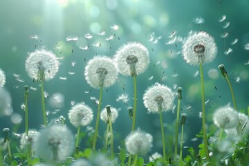 Dandelion seeds floating on the breeze against a soft, blurred background, creating a dreamy and ethereal atmosphere