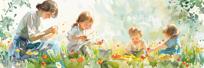 A painting featuring a mother and her two children in a field, carefully selecting colorful flowers to pick