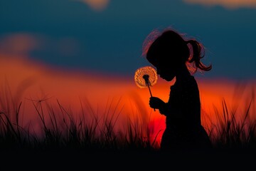 Silhouette of a child blowing dandelion seeds into the air against the backdrop of a colorful sunset. 
