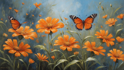 Elegant wildflower blooms and vibrant orange butterflies depicted in oil painting.