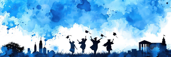 Silhouetted figures tossing their graduation caps with a vibrant blue watercolor background symbolizing achievement and joy
