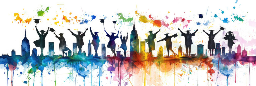 Silhouettes of jubilant graduates tossing caps above a colorful skyline illustrating educational success and urban life