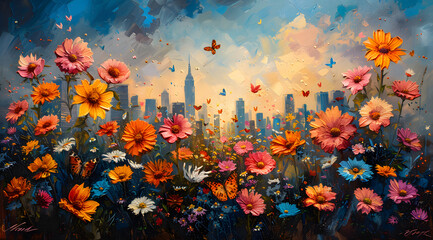 Fototapeta na wymiar Butterfly Metropolis: Oil Painting Showcasing Nature's Resilience and Adaptation in Urban Landscapes