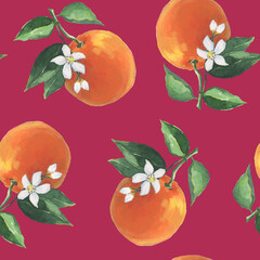 Oranges Pattern illustration with watercolor on dark pink color