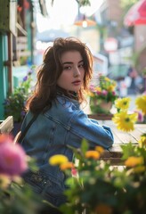 A beautiful girl in a blue jacket posing in an outdoor garden cafe with flowers.