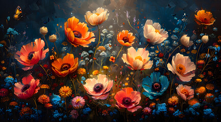 Fototapeta na wymiar Fantasy Bloom: Oil Painting Illustrating the Playful Metamorphosis of Flowers in a Magical Garden