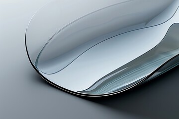 A close up of an abstract minimalistic curved glass design on a grey background, award winning design, ultra realistic photography in the style of professional color grading, detailed texture, soft sh
