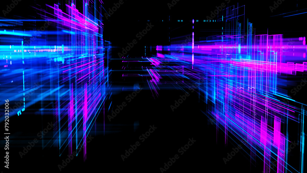Poster abstract techno background. three-dimensional composition of intersecting multi-colored grids. infor