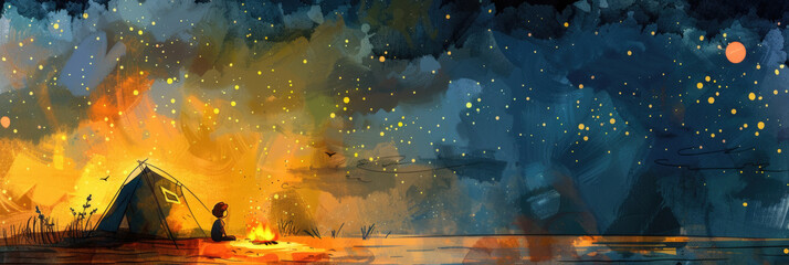 Obraz premium A painting depicting a tent illuminated by the moon in a nighttime setting