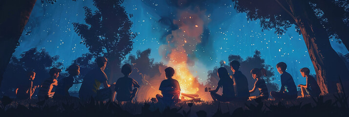 A group of individuals standing together, gathered around a crackling campfire in the dark outdoors - obrazy, fototapety, plakaty