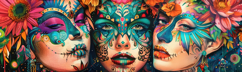 Obraz premium Three women with colorful face paint are depicted in a lively and vibrant painting