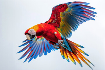 A parrot takes flight with vibrant colors