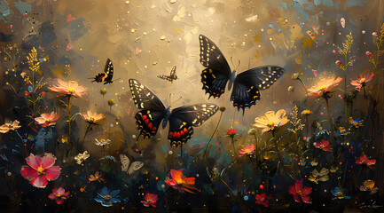 Nature's Choreography: Oil Painting Revealing the Elegant Partnership of Butterflies and Flowers - obrazy, fototapety, plakaty