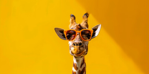 A giraffe wearing sunglasses and smiling. The giraffe is wearing a pair of orange sunglasses and he is enjoying the sun - obrazy, fototapety, plakaty