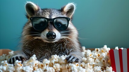 Stylish raccoon with sunglasses and popcorn on teal background for movie promotions. Concept Animal Photography, Stylish Accessories, Food Styling, Product Promotion, Teal Background