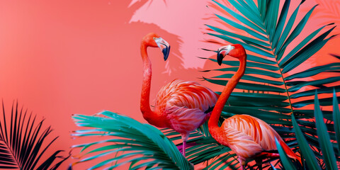 Two flamingos are standing in a lush green jungle with a pink background. Concept of tranquility and natural beauty - obrazy, fototapety, plakaty