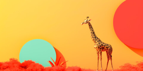 A giraffe stands in front of a yellow background with a red circle in the background. The giraffe is the main focus of the image, and the colors of the background