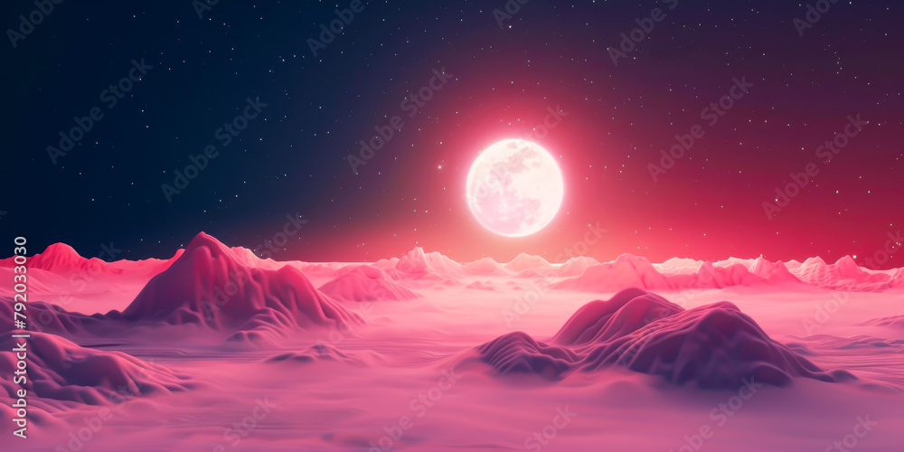 Wall mural a pink moon is in the sky above a mountain range. the sky is dark and the moon is the only light sou