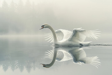 A swan glides with wings arched
