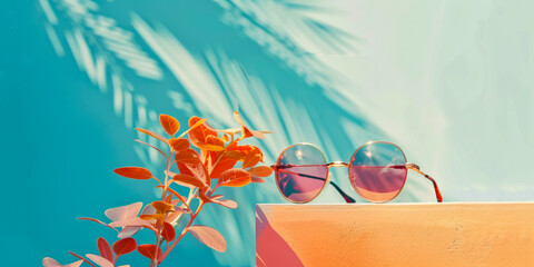 A pair of sunglasses is sitting on a ledge next to a leafy plant. Concept of relaxation and leisure, as the sunglasses - obrazy, fototapety, plakaty