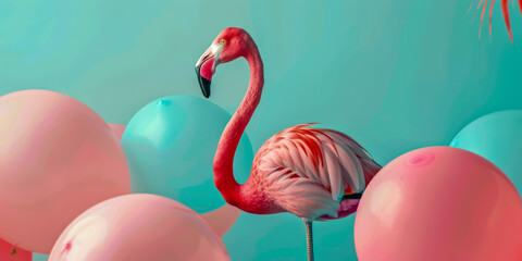 A pink flamingo is standing on a pink and blue balloon. The flamingo is the main focus of the image, and the balloons are in the background. The image has a playful and whimsical mood
