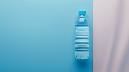 Water bottle mockup background, plastic bottle on blue and pink background, transparent equipment wet container drinking water
