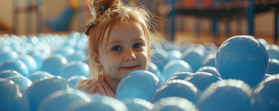 A young girl expresses sheer joy amongst blue balls in a playful indoor ball pit.