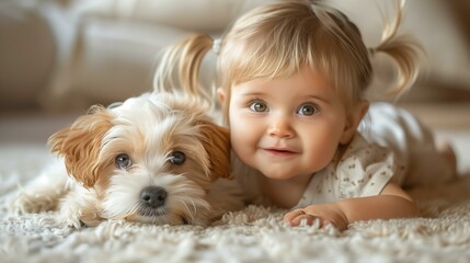 Adorable baby, happiness friendship purebred dog fun - obrazy, fototapety, plakaty
