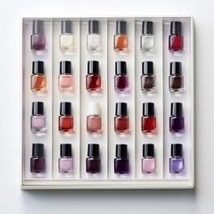 Set of glass bottles of different colors, nail polish on a white background. Top view. - 792033669