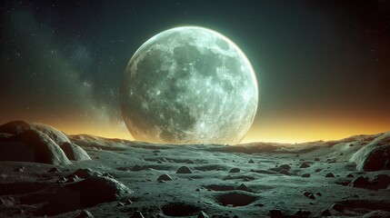 Moon space astronomy night sky  surreal lunar terrain with a radiant full moon rising on the horizon, ideal for sci-fi and space education  moon space astronomy night sky