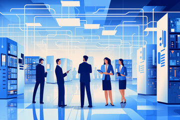 Business graphic vector modern style illustration of business people in a data farm centre rack nas raid cloud computing files and sensitive remote work contract to share between colleagues - obrazy, fototapety, plakaty