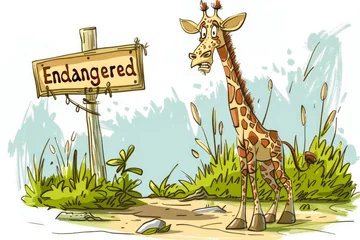 Outdoor kussens A cartoon of a sad animal with a "Endangered" sign, symbolizing the issue of endangered species © VicenSanh