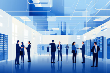 Business graphic vector modern style illustration of business people in a data farm centre rack nas raid cloud computing files and sensitive remote work contract to share between colleagues