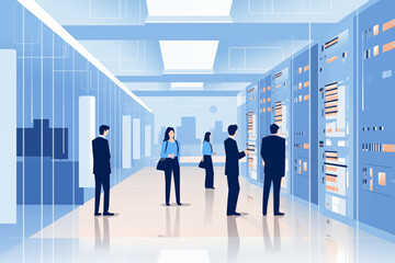 Business graphic vector modern style illustration of business people in a data farm centre rack nas raid cloud computing files and sensitive remote work contract to share between colleagues - obrazy, fototapety, plakaty