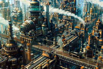 A city depicted as a giant machine, its buildings and infrastructure working in unison like cogs and pistons driving the engine of urban life. - obrazy, fototapety, plakaty