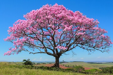 Witness the enchanting beauty of a majestic pink Ipê tree in full bloom, as its soft pink flowers gracefully contrast with deep green leaves under the serene azure sky