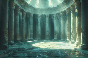 Concept art of an ancient Roman bathhouse interior, with marble columns and steam rising from the water in its center, fantasy style. Created with Ai - obrazy, fototapety, plakaty