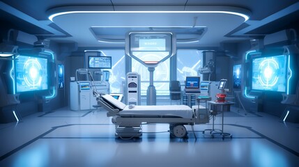 3D rendering of a medical room with a hospital bed and equipment
